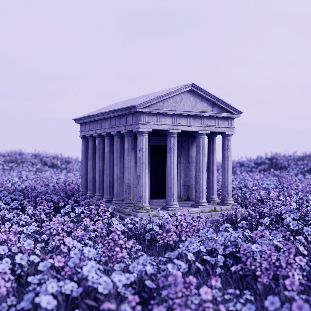 A small classical courthouse standing in a field of flowers