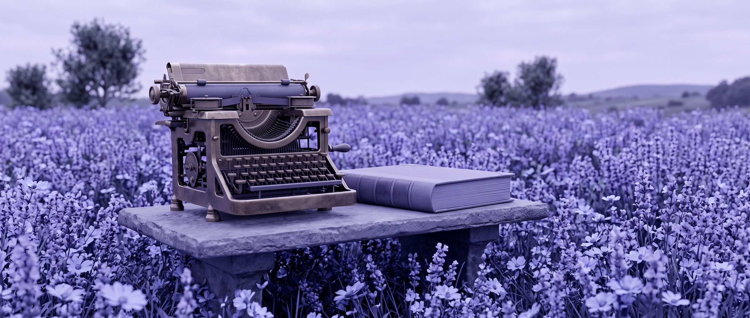 An antique brass adding machine and a bound ledger on a low stone table in a field of flowers