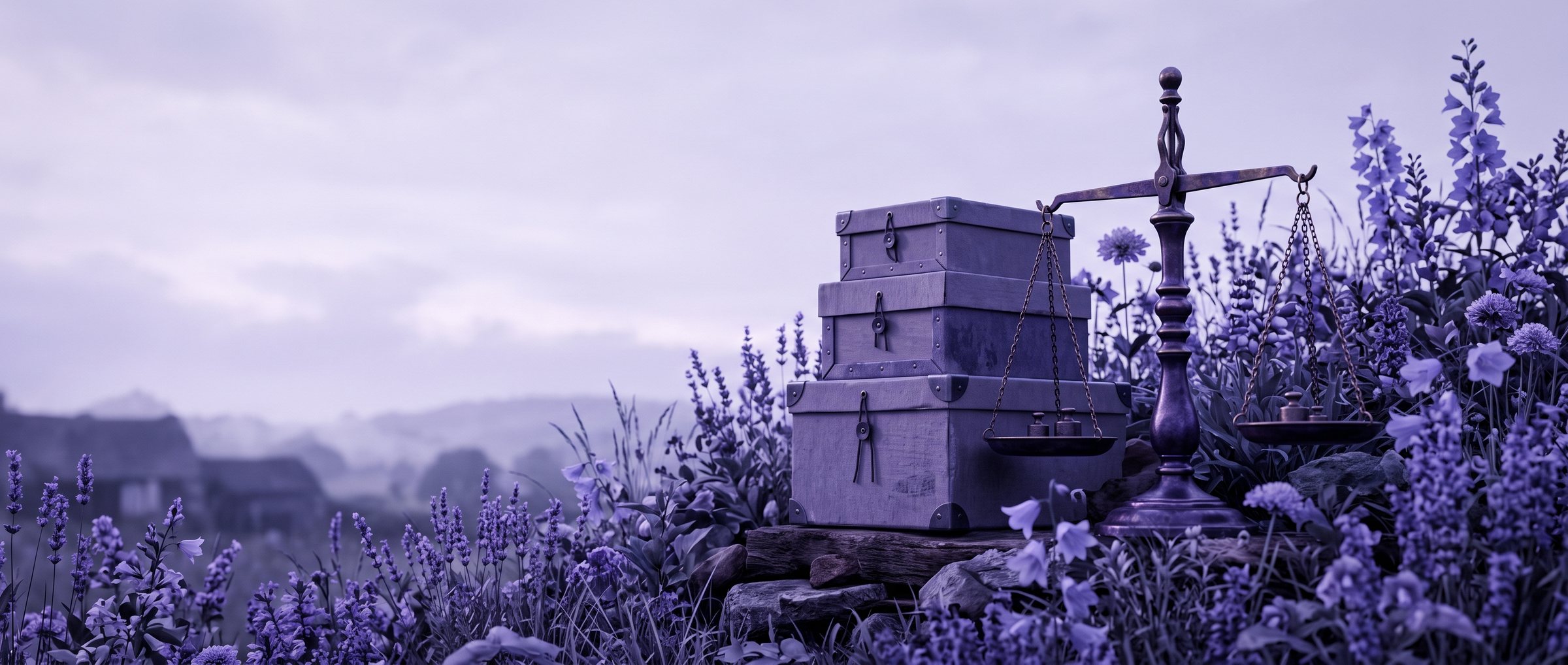 Nested archive boxes beside a brass balance scale among flowers