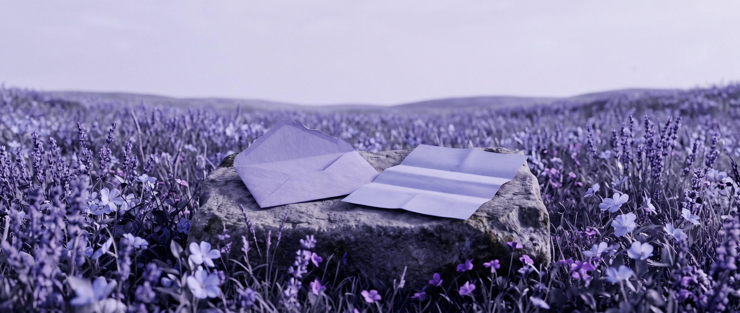 An open envelope and a folded letter resting on a stone plinth in a field of flowers