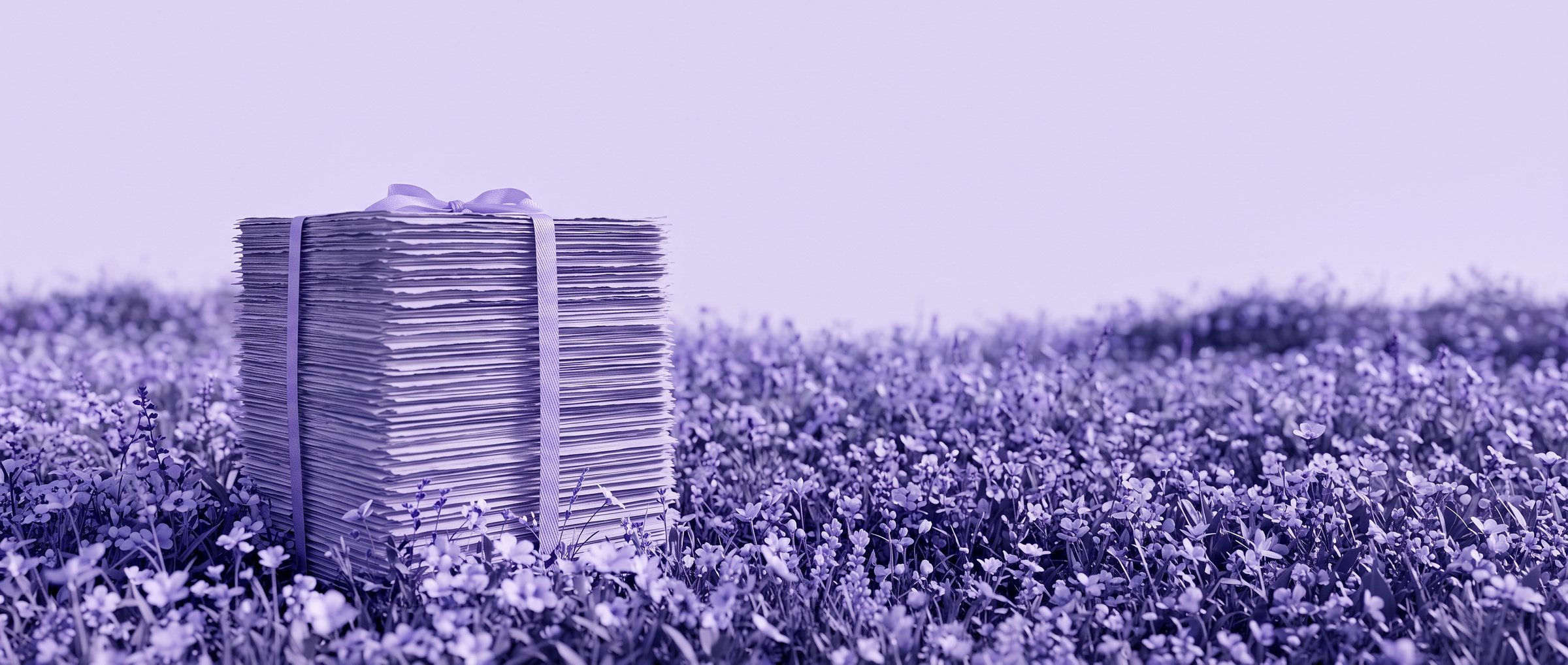 A tall stack of filed documents tied with a ribbon, standing in a field of flowers